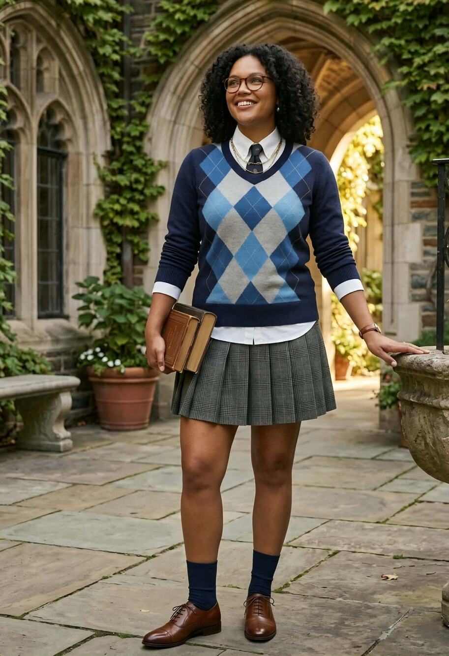 St. John’s Bay Blue Gray Argyle V-Neck Sweater Women’s L 100% Cotton RoryGilmore